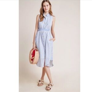 Anthropologie Kismet Breezy Eyelet Button-Down Shirtdress Striped Blue & White 4